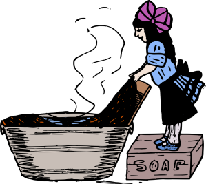 Drawing of a white girl in a blue dress with a purple bow standing on a soap box washing on a wash board over a large basin of water.