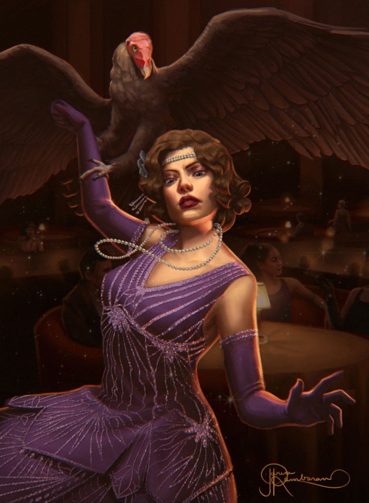 Digital painting of a white girl with short dark hair in a bob, wearing a purple, sequined dress and long purple gloves holds a turkey vulture aloft.