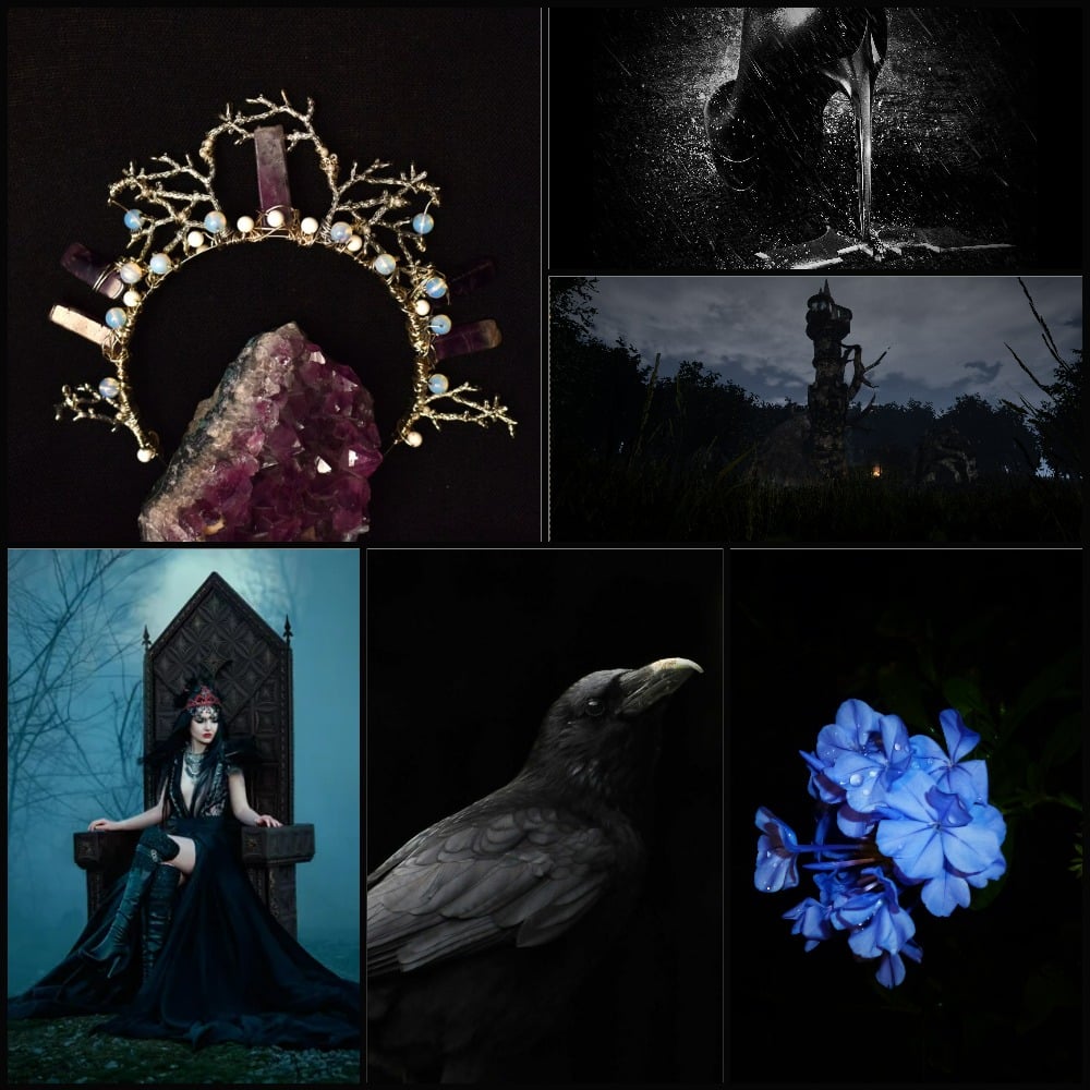 Mood board with pictures of an amethyst crown, a black heel crashing down in the rain, a dark tower in the distance, a queen on a dark throne, a raven, and a blue flower against a black background.