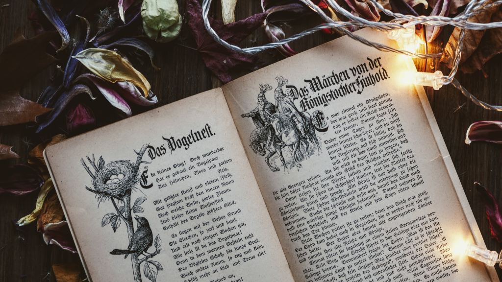 Book in German with script and men on horses on right page with robin's nest on left page lies on pile of dried flowers.